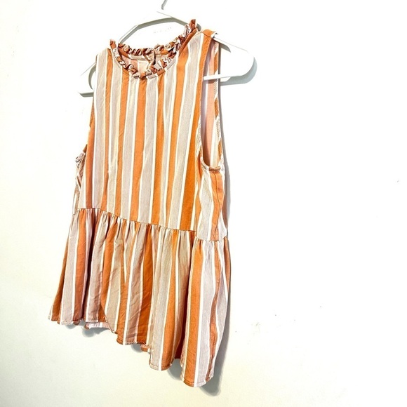 2/$30 Staccato - Peach & White Striped Sleeveless Top Size S Button Back Peplum - Picture 4 of 7